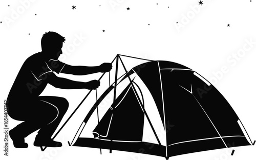 A man setting up a tent under stars, capturing essence of camping and outdoor adventure
