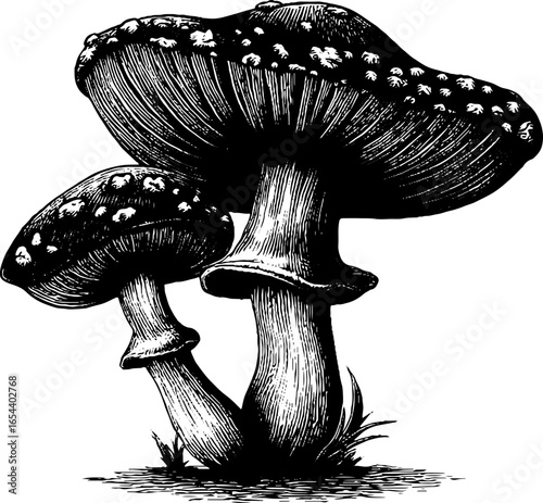 Vintage engraved illustration of fly agaric mushrooms with spotted caps