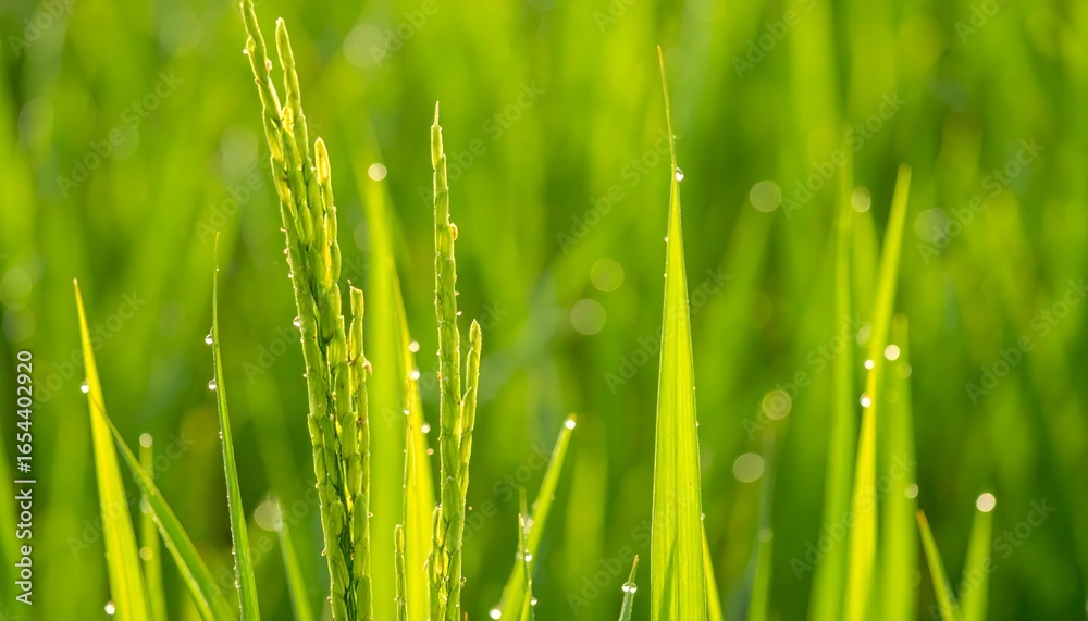 Naklejka premium Closeup photo of bright green rice stalks with water droplets, perfect for agriculture or naturerelated designs. Agricultural, nature, farm, rice, green, water droplets, crop, field, closeup