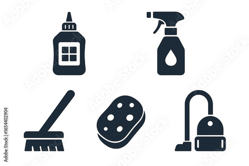 Grout maintenance icon set. Grouting, tiling and cleaning tools. Grout cleaner, sealant, spray bottle, brush, sponge, vacuum cleaner. Floor and tile repair solid glyph icons.