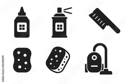 Grout maintenance solid icon set. Home improvement and cleaning tools pictograms. Grout cleaner, sealant spray, brush, sponge, vacuum cleaner vector illustrations. DIY tile care.