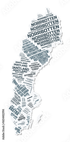Sweden shape text cloud. Country border with shadow on white background. Sweden with regions division in vintage gazette style. Classy vector illustration.