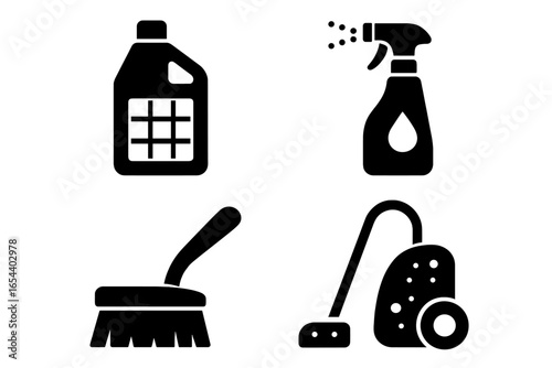 Grout maintenance icon set. Solid glyph icons for tile cleaning. Includes grout cleaner, sealant spray, scrub brush, and vacuum. Home improvement, DIY, deep cleaning concepts.