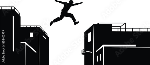 Silhouette of a man performing parkour, jumping between buildings a rooftop, an urban sport with risk and excitement