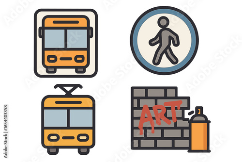 Urban city vector icons for public transport, pedestrian zones, and street art. Modern cartoon subway, bus, tram, and graffiti symbols for cityscape, signage, and urban infrastructure illustration.