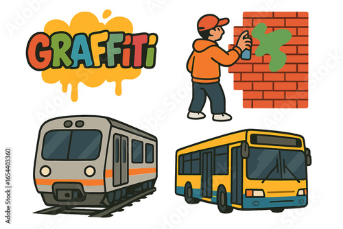 Urban graffiti art, street artist painting wall, train and city bus vector illustration. Colorful public transportation, community expression, mobility, vibrant city, graphic cartoon design.