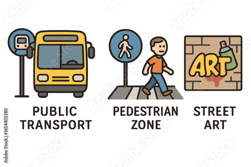 Urban City Symbols Vector Illustration with Public Transport Bus Stop, Pedestrian Zone and Crosswalk, Street Art Graffiti Wall, Modern Cityscape Icons Set, Cartoony Design for Urban Life Concepts