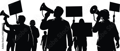 Silhouette of people protesting with megaphones and signs