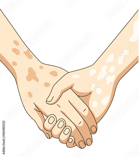 Vitiligo people holding hands. Unique skin pigmentation highlighting natural beauty. World vitiligo day. Skin depigmentation, skin disorder, self acceptance, emotional support.