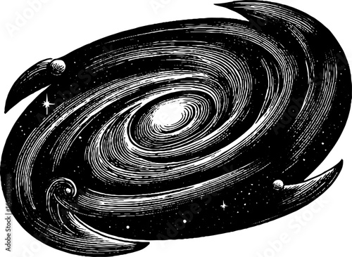 Vintage engraved illustration of spiral galaxy in black and white for retro decor design