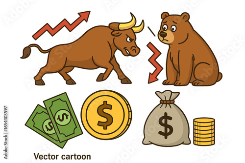 Stock market bull and bear cartoon illustration. Finance symbols, money bag, dollar coin, currency notes, economic growth and decline icons. Market trends vector. Financial investing concept.