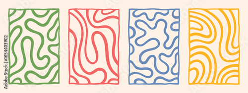 Abstract rectangle framed templates set. Twisted lines, fluid curved  wavy organic winding stripes backgrounds, hand drawn doodle uneven separate frames. Funky ornaments, groovy patterns collection.