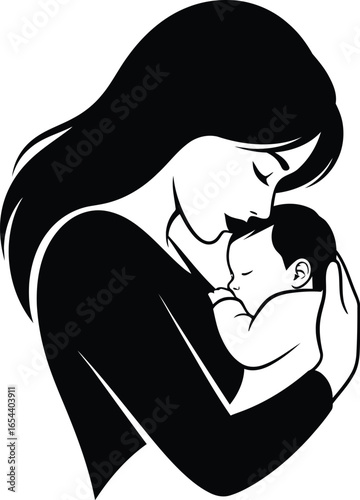 Silhouette of a loving mother holding her baby, a tender and heartwarming depiction of maternal love and care