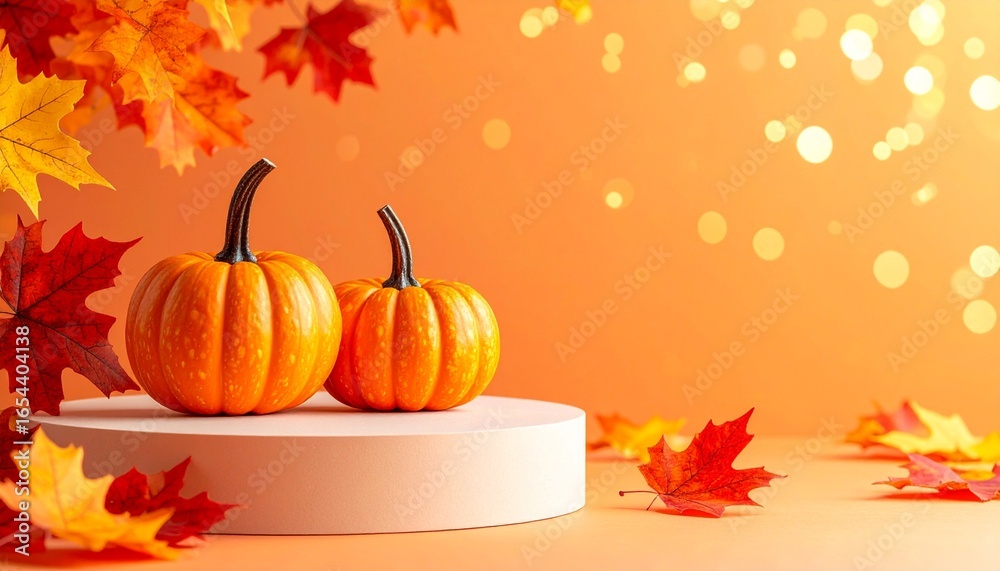 Naklejka premium Autumn display featuring pumpkins on a pedestal surrounded by colorful fall leaves