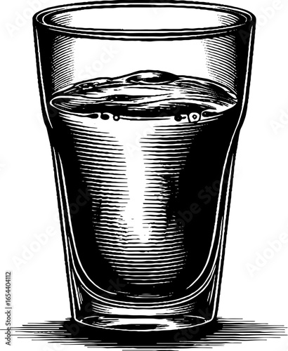 Vintage engraved illustration of a half full glass of milk for retro design and prints