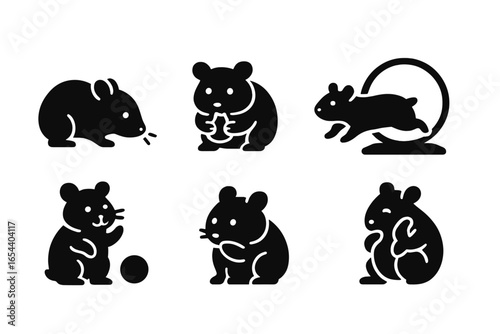 Hamster behavior icon set. Cute pet rodent collection in simple glyph style. Vector animal silhouettes, running on wheel, eating, playing, grooming, sniffing. Domestic mammal.