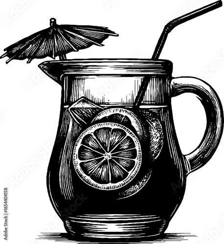 Vintage engraved glass pitcher with lemon slices and umbrella – perfect for summer refreshment design