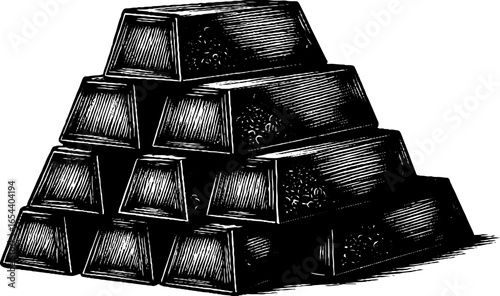 Engraved illustration of stacked gold bars - vintage wealth design for print