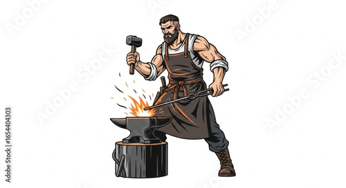 Blacksmith vector illustration working with hammer and anvil