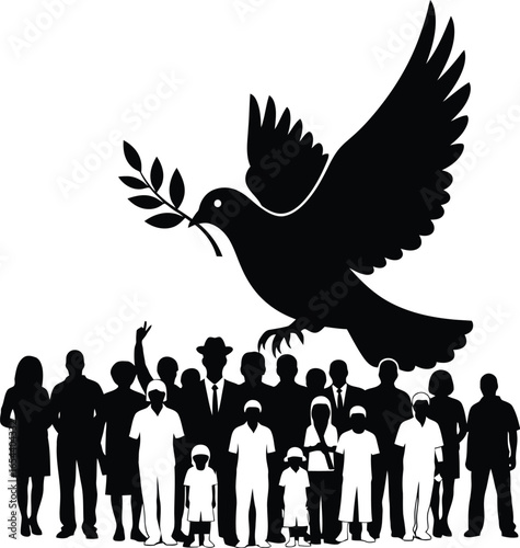 A silhouette of a dove carrying an olive branch flying above a diverse group of people, symbolizing peace, unity, and hope