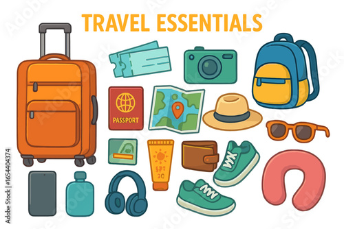 Vibrant Travel Essentials Vector Set. Suitcase, Passport, Tickets, Shoes, Camera, Map, Backpack, Hat, Sunglasses, Phone, Wallet, Accessories for Journey, Summer Holiday, Adventure Trip Artwork