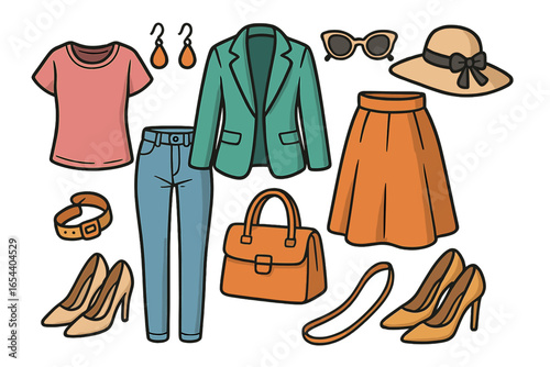 Fashionable women's clothing and accessories vector set. Casual and elegant outfit elements: t-shirt, blazer, jeans, skirt, handbag, high heels, jewelry, sunglasses, hat. Creative stylish arrangement.