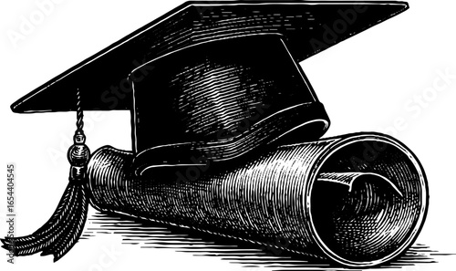 Engraved illustration of graduation cap and diploma for educational design