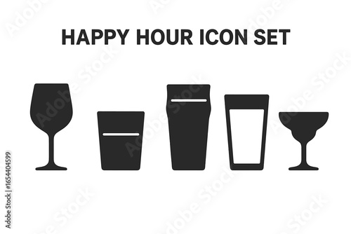 Happy hour icon set. Bar glassware collection with wine glass, tumbler, pint, and coupe. Solid silhouette vector icons for alcohol, cocktails, beer, and drinks menu design.