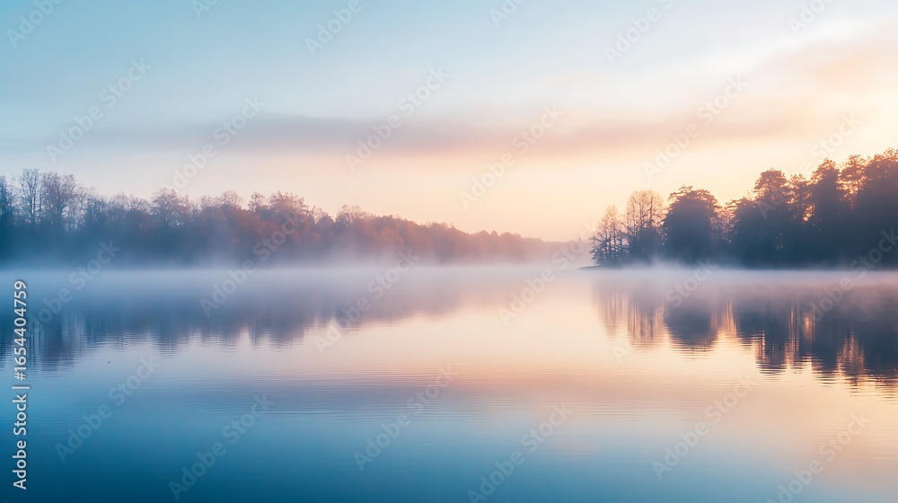 Fototapeta premium Beautiful lake landscape with fog and reflections nature scenic view for wallpaper and backgrounds hd images