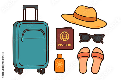 Summer Vacation Travel Essentials Set. Suitcase, Passport, Sun Hat, Sunglasses, Sandals, Sunscreen. Vector Cartoon Illustration. Holiday Packing List for Sunny Destinations, Transparent Background.