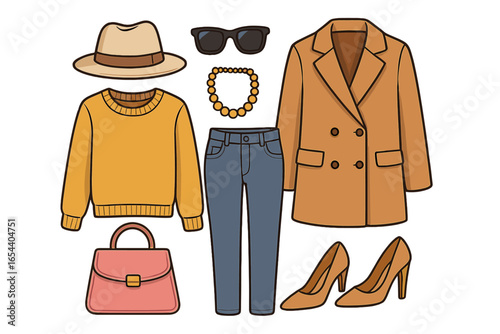 Fashionable casual outfit collection. Stylish women’s clothing and accessories arranged creatively. Sweater, jeans, blazer, hat, sunglasses, necklace, handbag, shoes vector illustration.