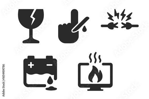 Hazard warning icons. Safety signs set. Fragile glass, sharp object cut finger, short circuit electrical hazard, battery leak acid, overheating fire. Vector symbol collection.