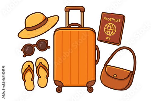 Travel holiday essentials vector illustration with luggage, passport, sun hat, flip flops, sunglasses, handbag. Summer vacation trip accessories pack. Tourism travel kit isolated clipart graphic