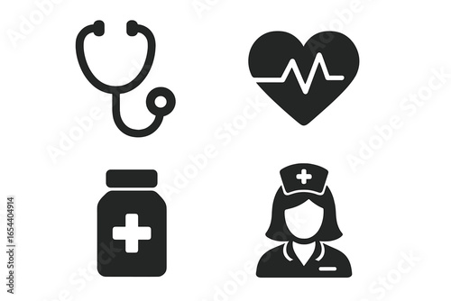 Medical and healthcare solid glyph icon set. Vector symbols for health and wellness. Stethoscope, heart with pulse, medicine bottle, and nurse pictogram for web and mobile.