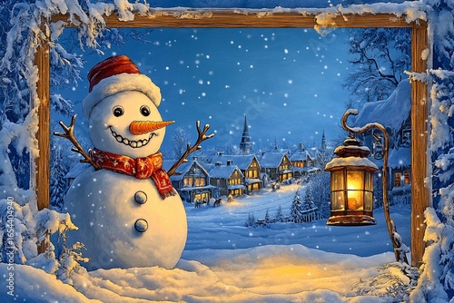 Cheerful snowman stands in snowy village during winter night with glowing lanterns illuminating the scene