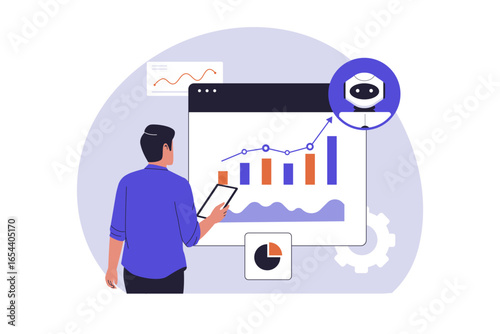 Man Analyzing Financial Data with AI Illustration. Vector Flat Illustration