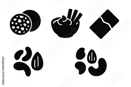 Healthy snack glyph icons set. Vector silhouette symbols of healthy food. Rice cakes, hummus dip, carrot sticks, protein bar, mixed nuts for diet and nutrition concepts.