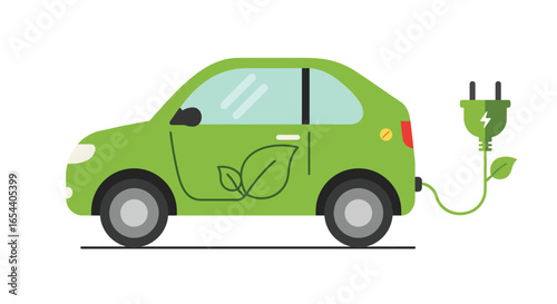 Green Electric Car with Charging Plug