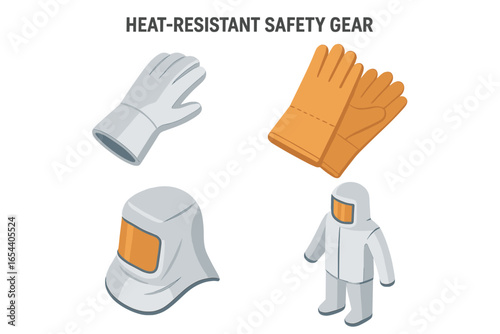 Heat-resistant safety gear isometric icon set. Personal protective equipment for high-temperature work. Aluminized suit, protective hood, leather gloves for foundry, welding.