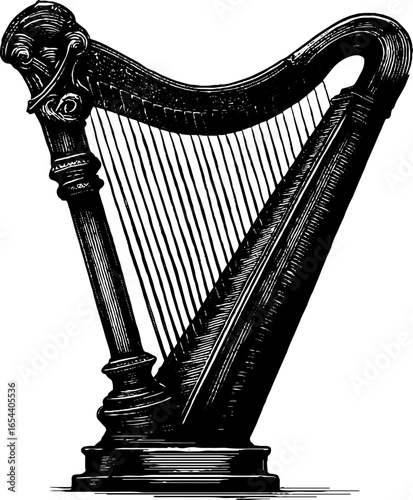 Vintage engraved illustration of harp musical instrument for retro design and decor