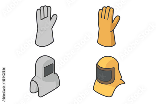 Heat-resistant safety gear isometric icon set. PPE for high-temperature work. Aluminized leather gloves, protective hoods for foundry, welding, and metallurgy industry vector.