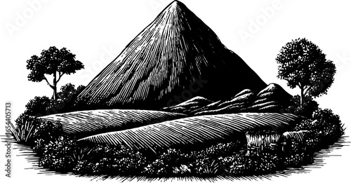 Engraved illustration of haystack in field with trees for rustic design and decor