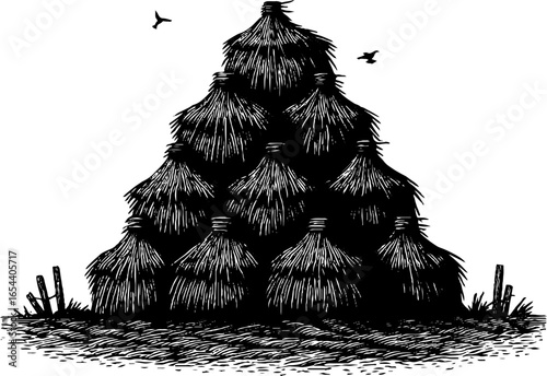 Vintage engraved illustration of haystack in field with birds - retro silhouette for rustic design
