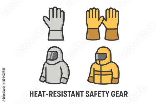Vector icon set of heat-resistant safety gear. Personal protective equipment for foundry and industrial work. Flat design of aluminized suit and protective gloves for high temperatures.
