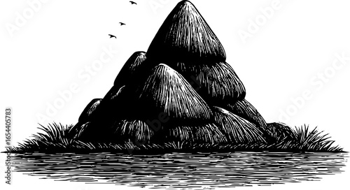 Rustic landscape with haystack silhouette in field, vintage illustration for design