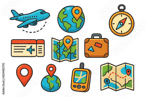 Travel and Navigation Icons Vector Set. Airplane, Globe, Compass, Map, GPS, Suitcase, Ticket, Location Pin. Journey, Vacation Planning, Adventure, Cartography, Wayfinding, Exploration Concept Art