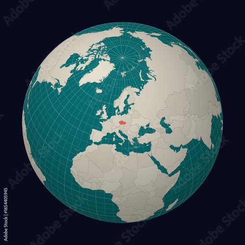 Czechia on the map. Globe centered to Czechia. Country location on the world map. Teal Pale Mint color palette. Globe with countries, meridians and parallels. Trending vector illustration.