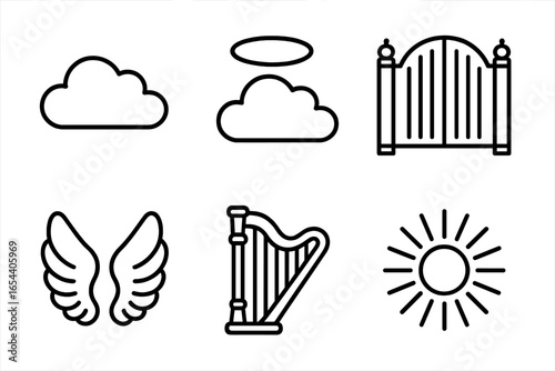 Heavenly icon set. Outline symbols of paradise. Fluffy cloud, halo, golden gate, angel wings, harp, sunburst. Religious and spiritual concepts for death and afterlife.