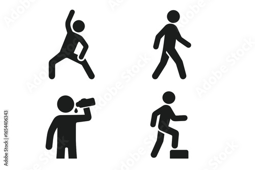 Hiking and fitness solid icon set. Man doing warm-up stretching, walking, drinking water for hydration, and stepping up stairs. Vector stick figure silhouette pictogram.
