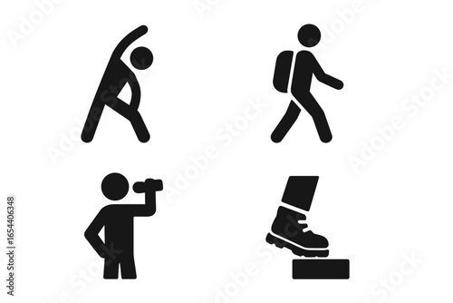 Hiking and fitness solid icon set. Vector glyph pictograms of stretching, walking with backpack, drinking water, and stepping in boot. Outdoor activity & preparation concept.